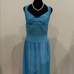 Blue Polka Dot Sleeveless Midi Dress with retro looks ties in back